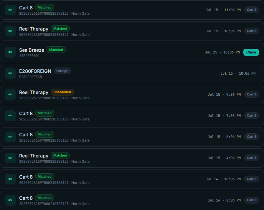 The FobSight live feed showing vessels and carts passing readers — matched sightings in green, an unknown tag flagged for review.